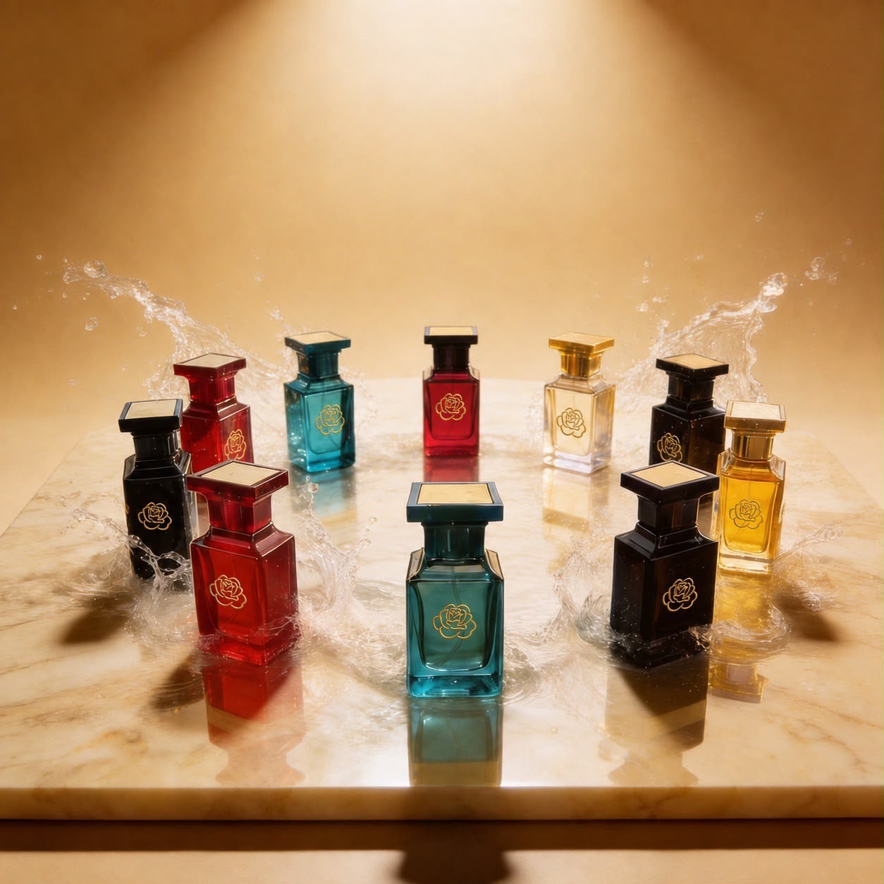 Colección de frascos de colores sobre mármol dorado