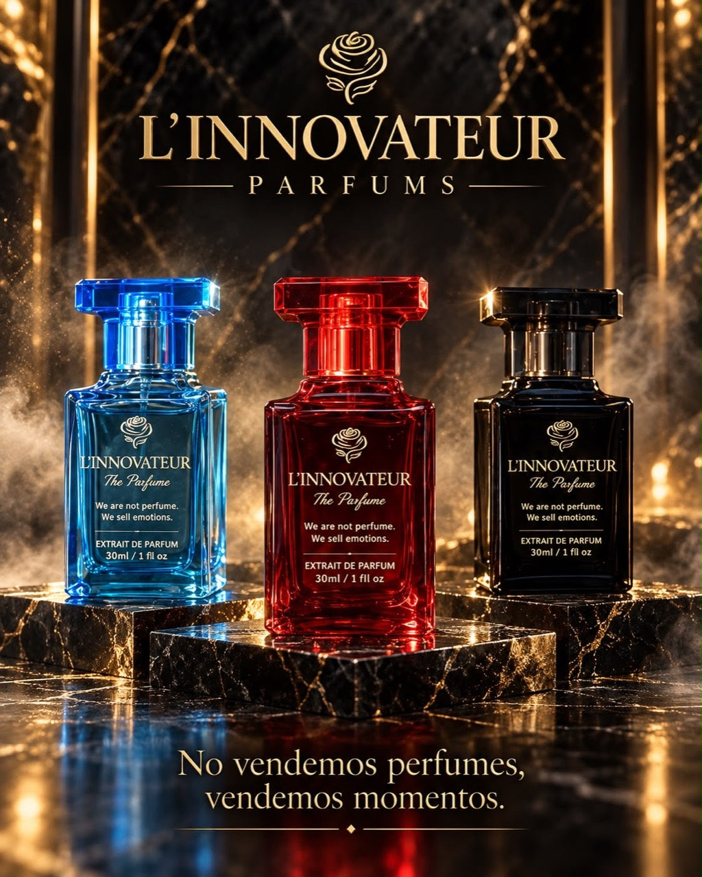 L’Innovateur Parfums: tres frascos azul, rojo y negro sobre pedestales de mármol. No vendemos perfumes, vendemos momentos.