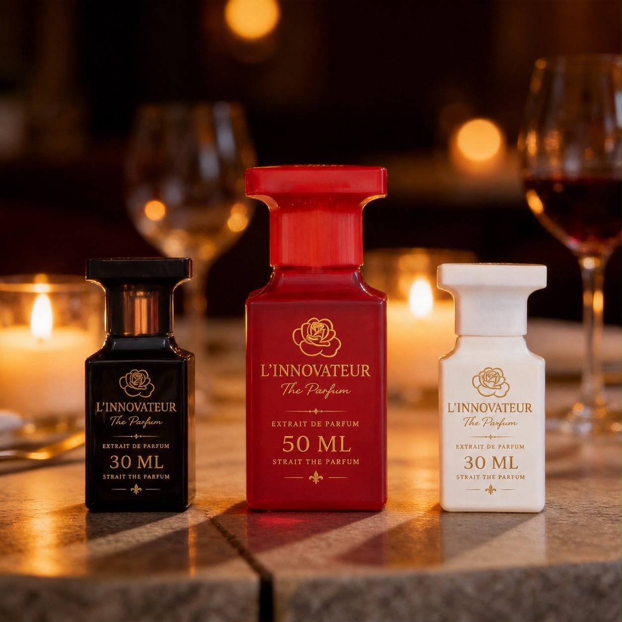 Frascos negro, rojo y blanco iluminados por velas